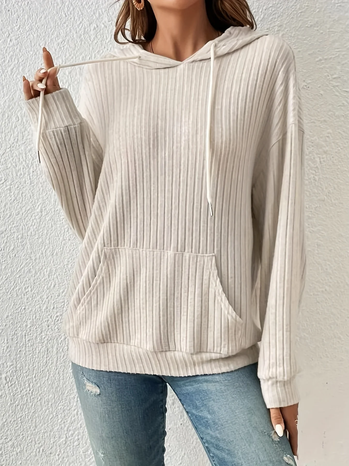 Women\'s Plain Drawstring Drop Shoulder Hoodie Casual Pocket Hooded Sweatshirt For Fall Winter Fashion Ladies Clothes