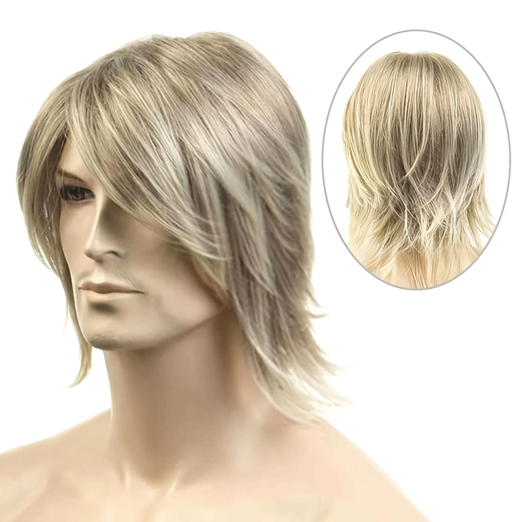 Men's Short Blonde Curly Wig - Heat Resistant Synthetic Fiber, Synthetic Fiber Wig with Elastic Mesh Cap Design