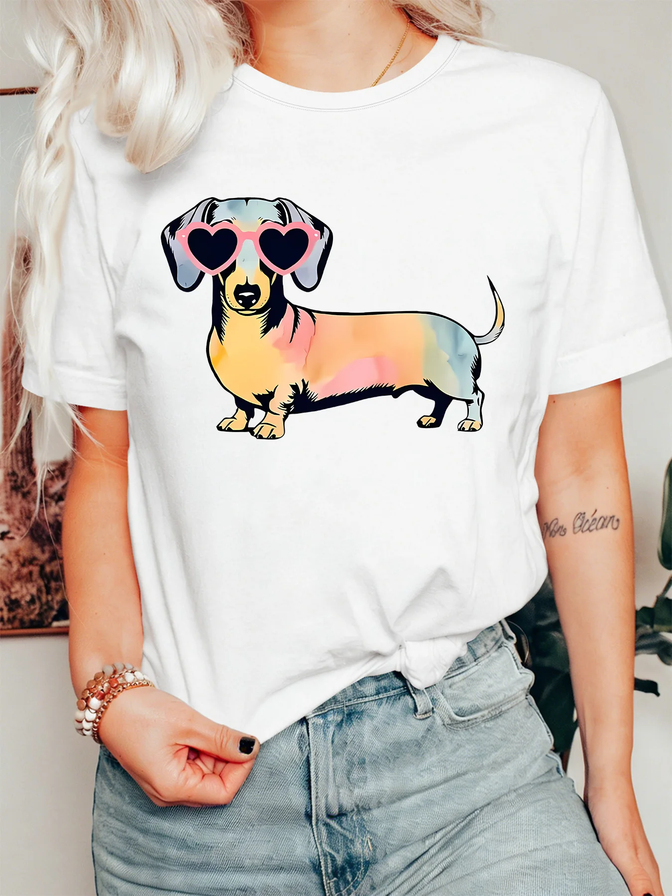 Cool Tie Dye Dachshund Womens Crew Neck Short Sleeve T Shirt Heart Sunglasses Pet Dog Fun Cartoon Casual Graphic Tees For Ladies