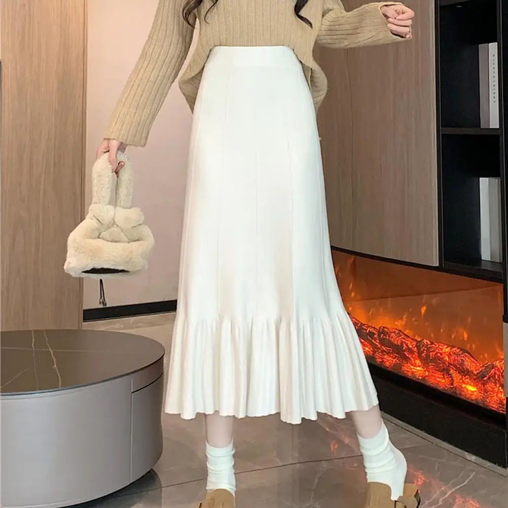 

High-waisted Women Skirt Elegant High-waisted Knitting Skirt With Ruffle Hem Hip Wrap Detail Women's Autumn Winter Midi Skirt