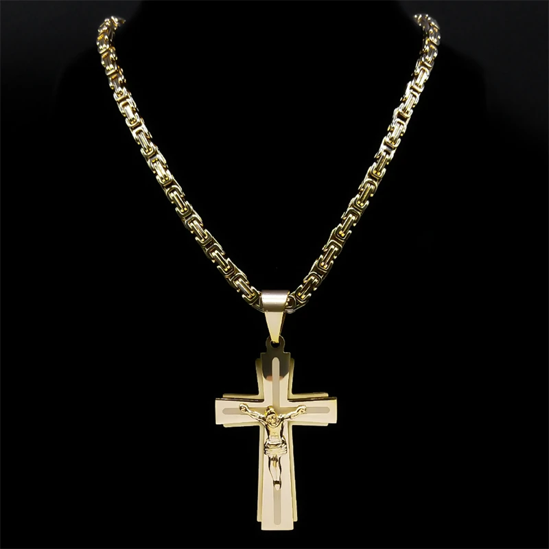 Male Punk Cross Necklace for Women Men Stainless Steel Gold Color Jesus Crucifix Chain Boyfriend Gift Jewelry collar N2342S06