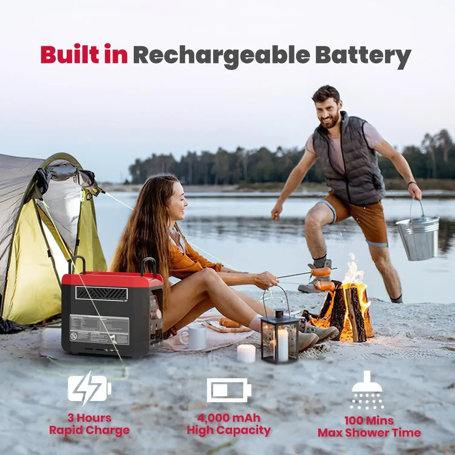 Портативный водонагреватель на пропане 1 фунт с насосом |   Аккумуляторная батарея 4000 мАч |   Время душа MAX 100 минут |   Открытый пропановый кемпинг