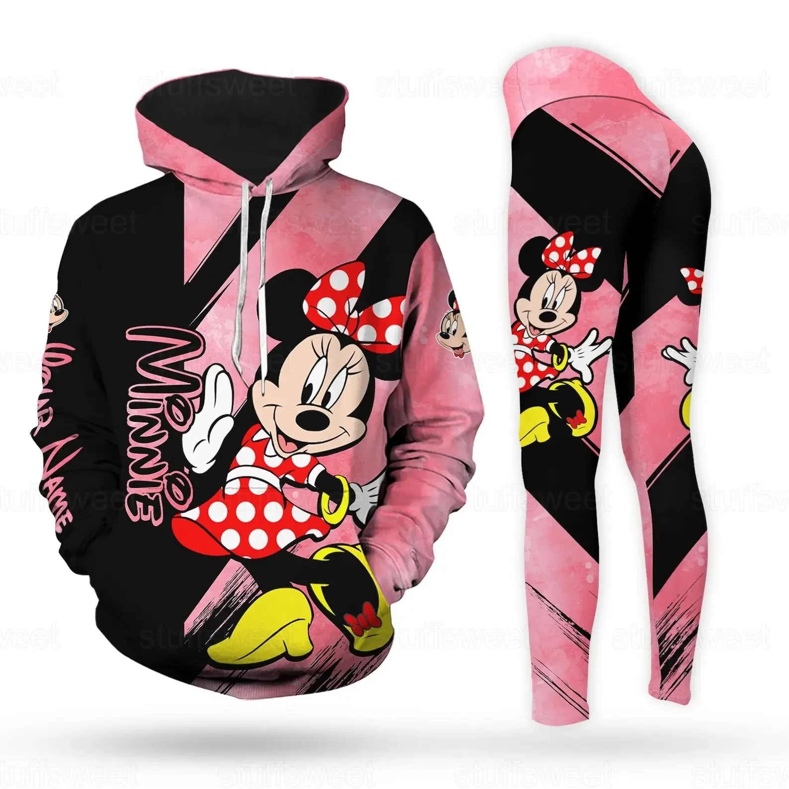 Dostosowany zestaw bluz i legginsów z kapturem i legginsami Minnie 3D dla kobiet, spodnie do jogi Disney, modna codzienna odzież sportowa