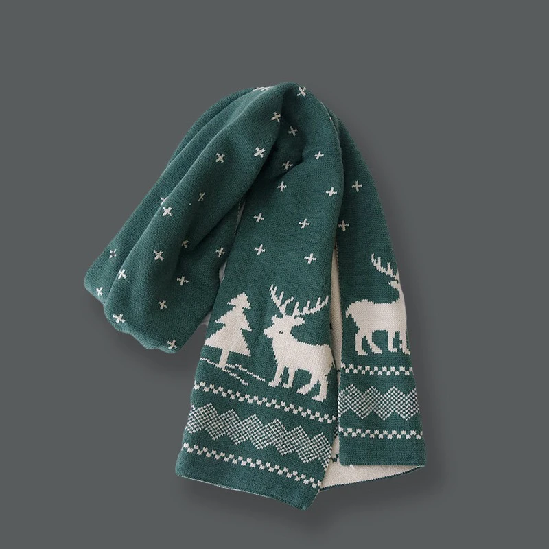 Christmas Women Men Scarf Double-Sided Deer Elk Teenager Girls Boys Knitted Shawl Adult Winter Scarves Family New Year Gift