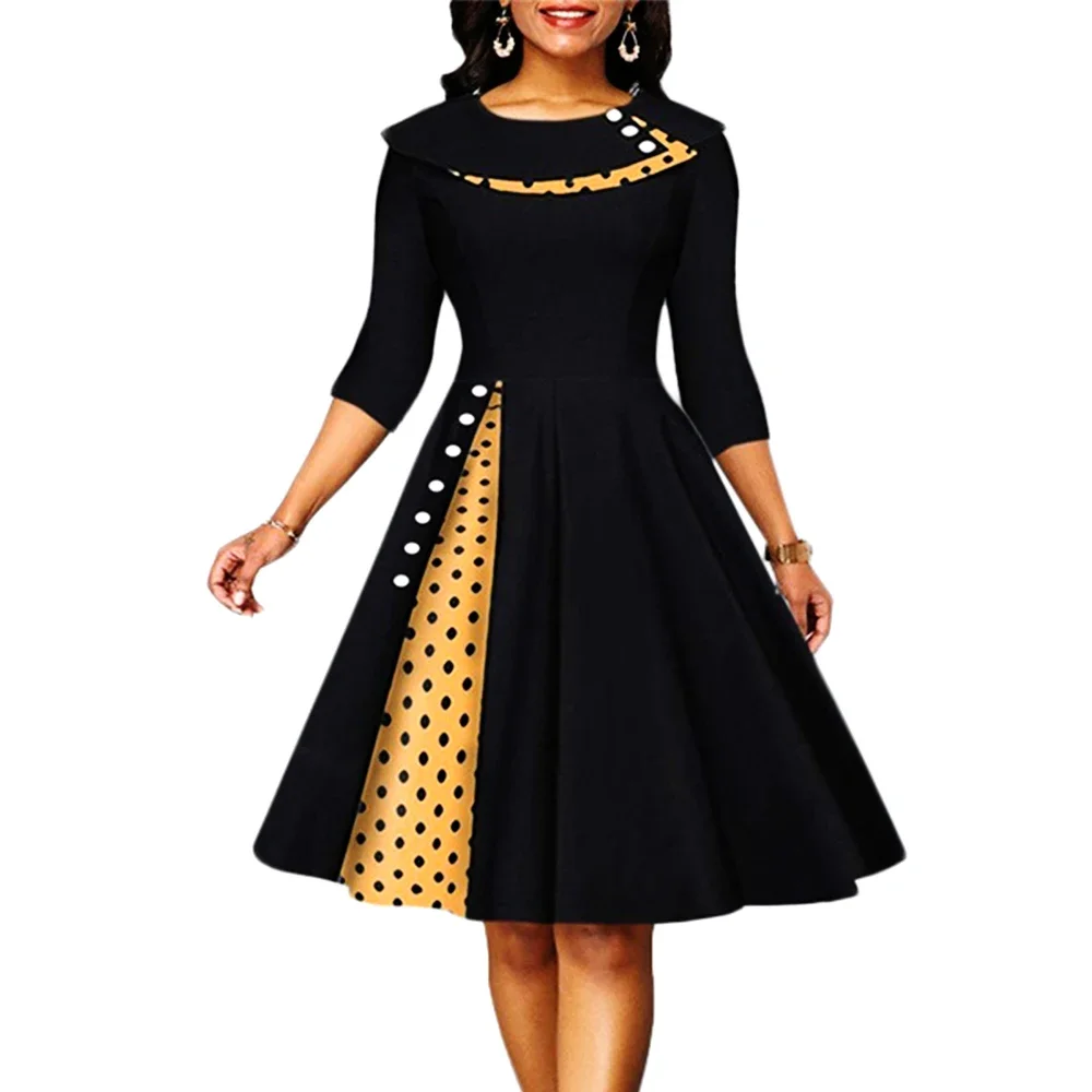 

Vintage Dress for Women Polka Dot Print Sexy Patchwork Long Sleeve High Waist Swing Casual Party Midi Vestidos Robe 2024 New