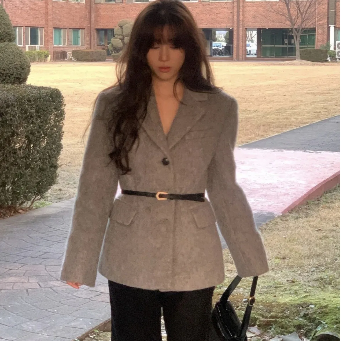 

Женское шикарное вовняное пальто в стиле ретро с поясом на талии, теплый топ на одной пуговице, корейское длинное пальто све