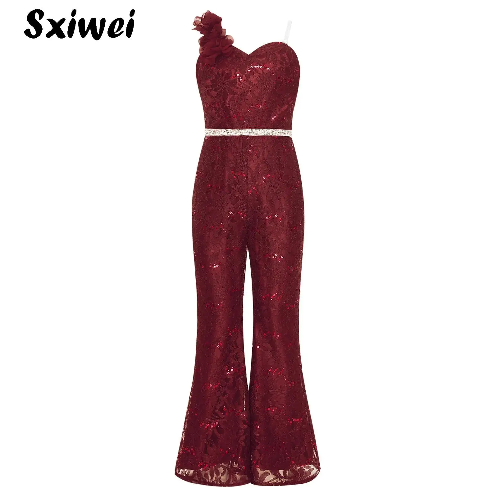

Kids Girls Shiny Sequin Jumpsuit Romper Halloween Carnival Theme Prom Party Playsuit Straight Leg Pants Princess Full Bodysuit