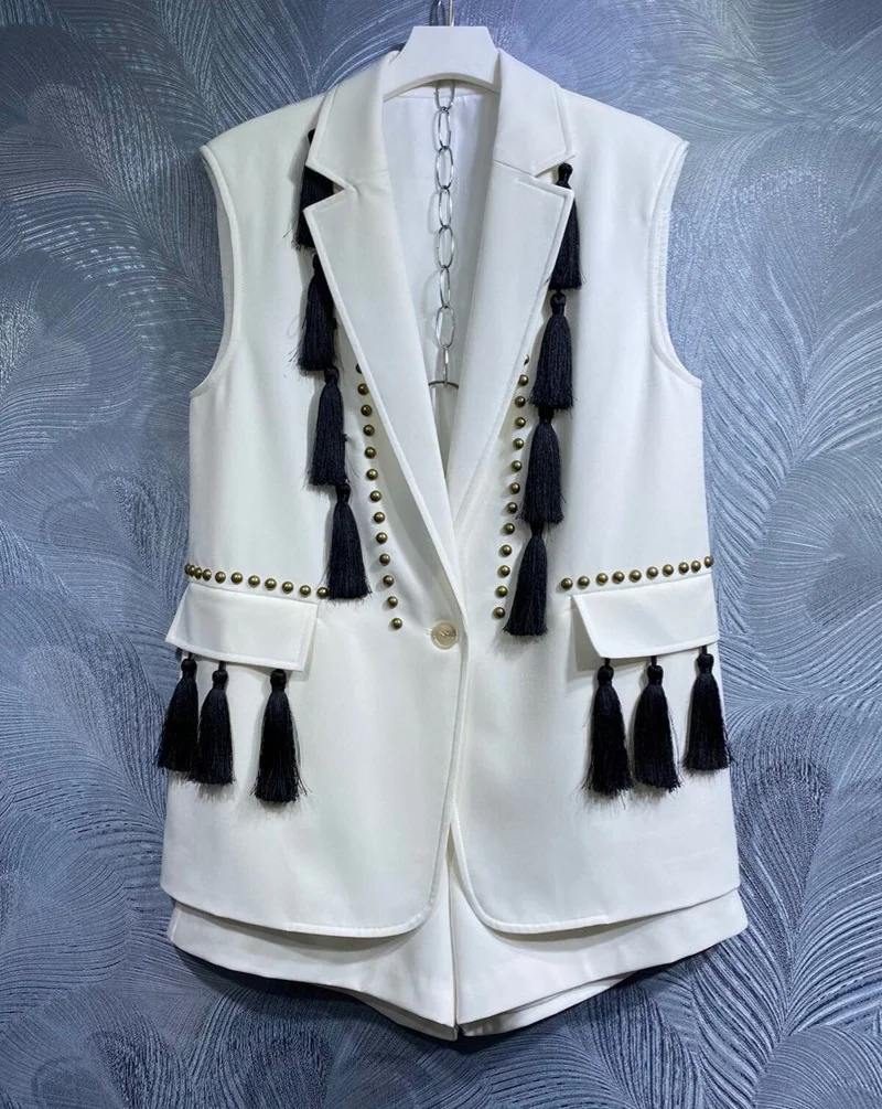 

Tops Fashion Designer Clothing Sets 2023 Autumn Winter Short Sets Women Tassel Beading Decco Vest Coats Blazer+White Short Suit