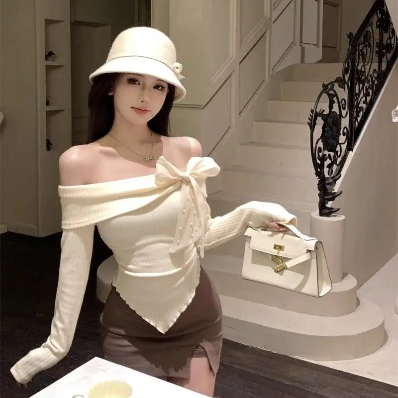 Off Shoulder Knit Top with Bow Detail Long Sleeve Slim Fit Cream Pullover for Summer Evening Wear