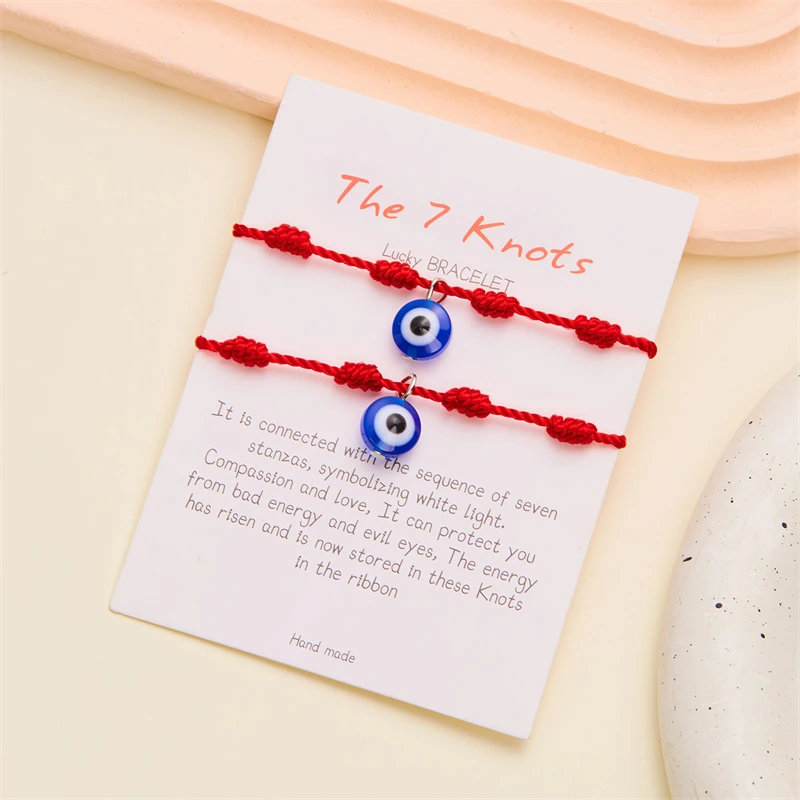 Lucky Handmade 7 Knots Red String Couple Bracelet for Women Men Turkish Evil Eye Sea Shell Heart Pendant Wristband Jewelry Gifts