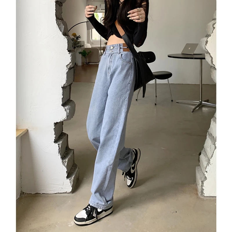 ハイウエストルーズフィットストレートレッグジーンズ、洋梨体型の女性向けプラスサイズ、秋の新作、スリム効果のあるワイドレッグパンツ