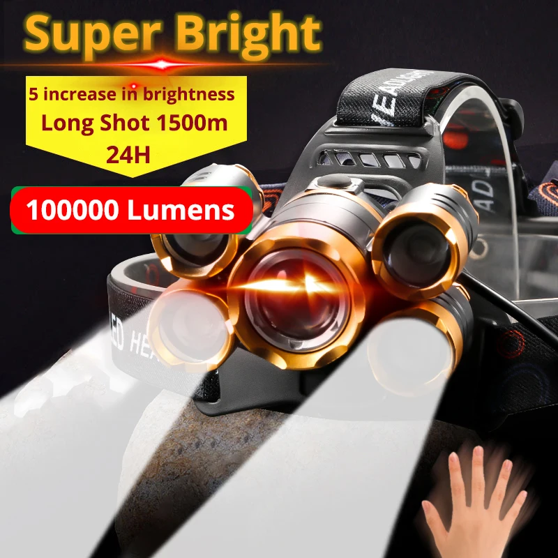 2000000Lumens Sensor LED Headlight Zoomable Headlamp Powerful Flashlight Fishing Lanterns Outdoor Camping Light Shot Long 1500m