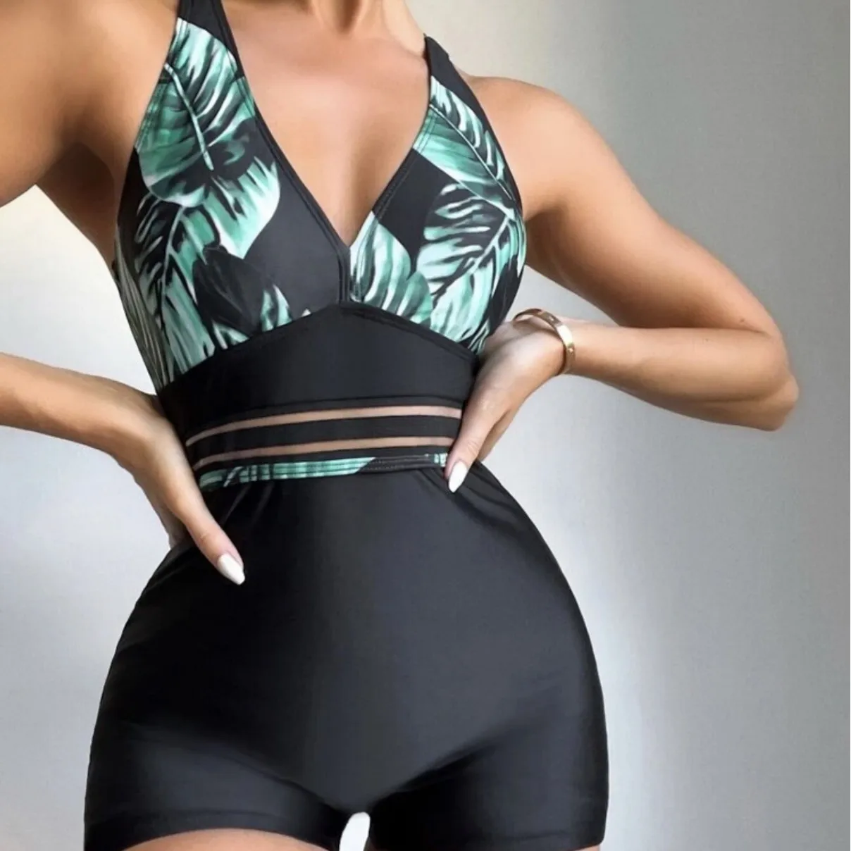 Cikini Leaf Print Color Blocked Boxer Shorts One-Piece Swimsuit Summer Beach Swimwear Bathing Suit For Women