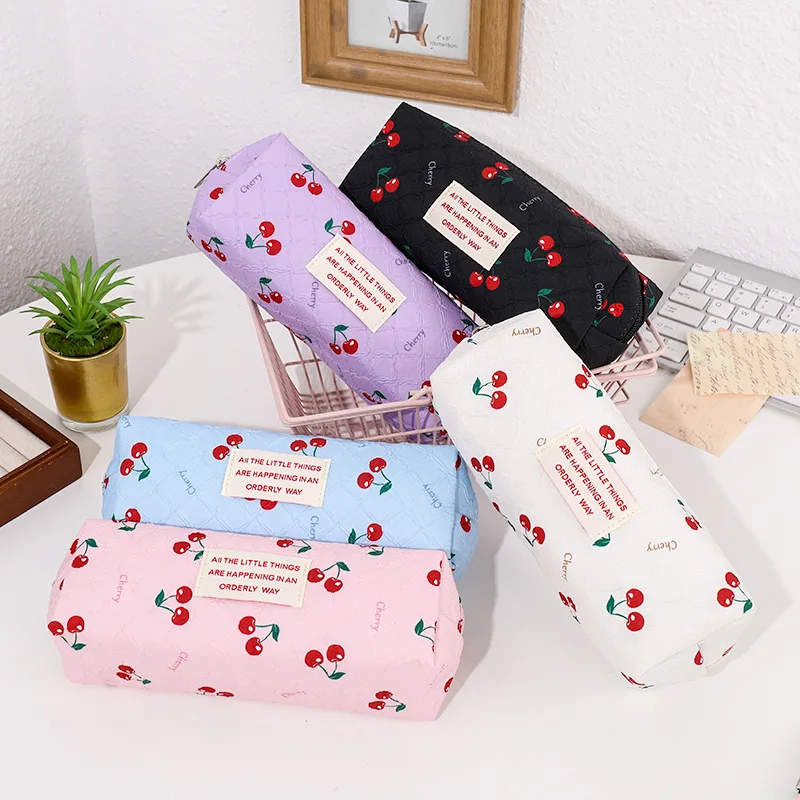 Red Cherry Cute Portable Student Pencil Bag Stationery Bag High Beauty Large Capacity Zipper Storage Bag Student Supplies White