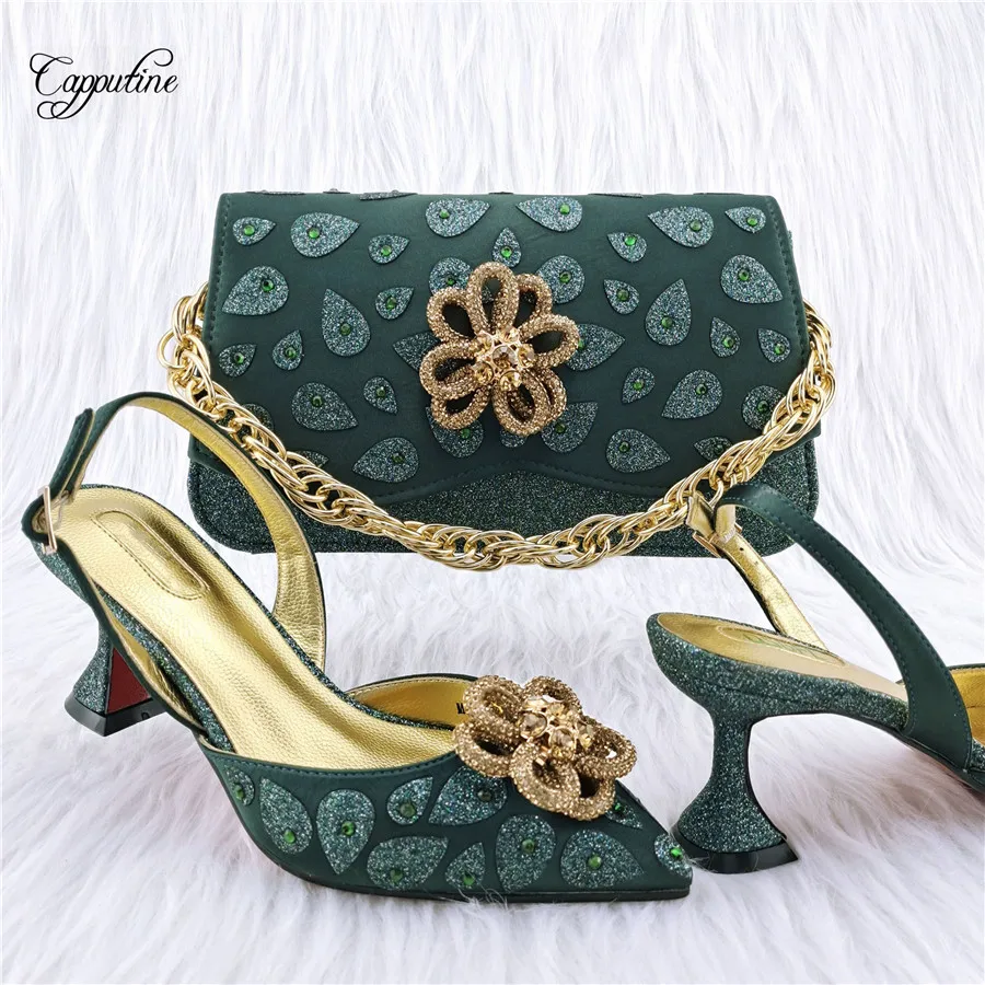 Dark Green Woman Shoes And Bag Set Ladies Sandals High Heels Pumps Match With Handbag Clutch Escarpins Femme Sandales MM1142