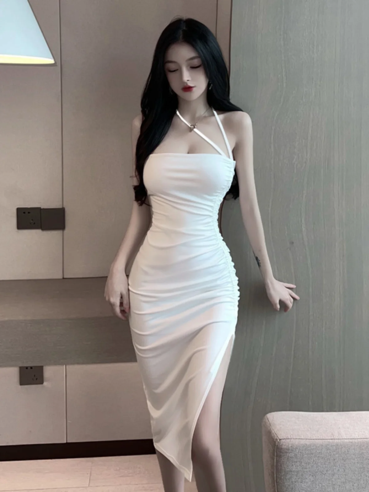 

Сексуальное утягивающее платье на бретельках для бара, ночного клуба Dr, женское облегающее платье со средней талией и высоким разрезом, бальное облегающее платье из полиэфирного волокна, весна-осень