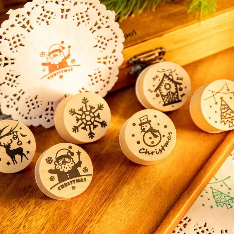 6pcs Christmas Seal Stamps Cute Design Santa Claus Snowflake Deer DIY Wooden Craft Card Stamps Merry Christmas Decoration