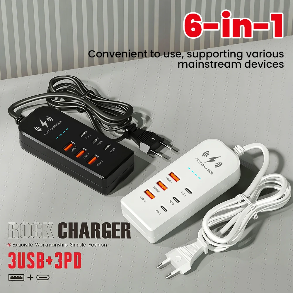 Carregador 3USB 3Type C, Extensão de Tomada Universal com Carregamento Rápido, Adaptador de Carregador de Telefone EU/US, Cabo de Extensão de Tomada Elétrica