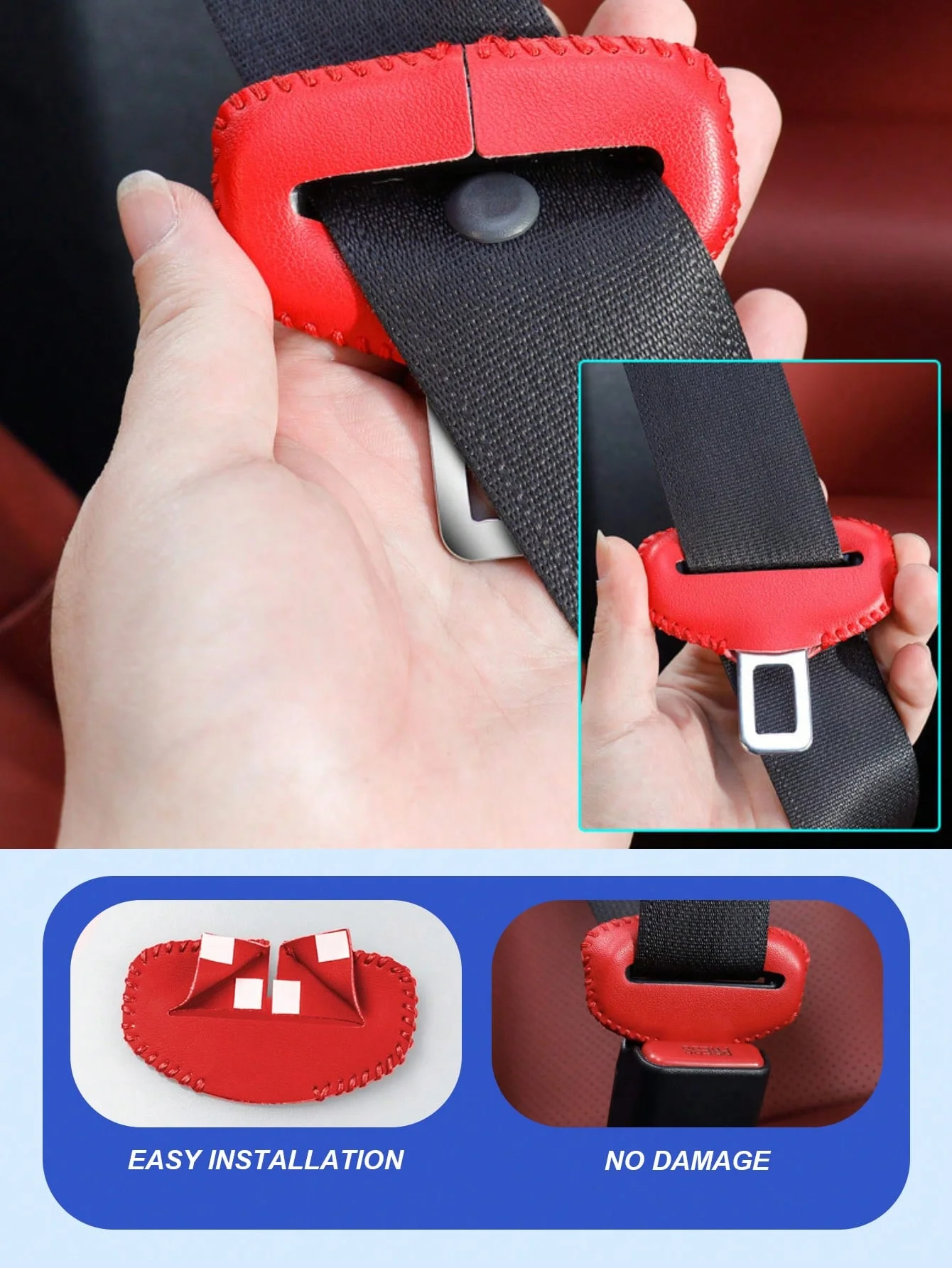 2個のPUレザーシートベルトバックルプロテクター - 傷つきにくい、快適な車のシートベルトインサートプロテクター、ステッチエッジ付き