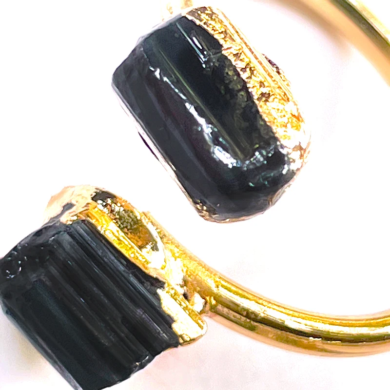 Irregular Black Tourmaline Rough Stone Open Ring Golden Handmade Finger Jewelry Adjustable Size