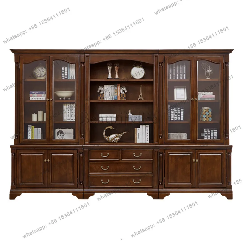 American all-solid wood bookcase floor-to-ceiling bookcase combination shelf with glass door