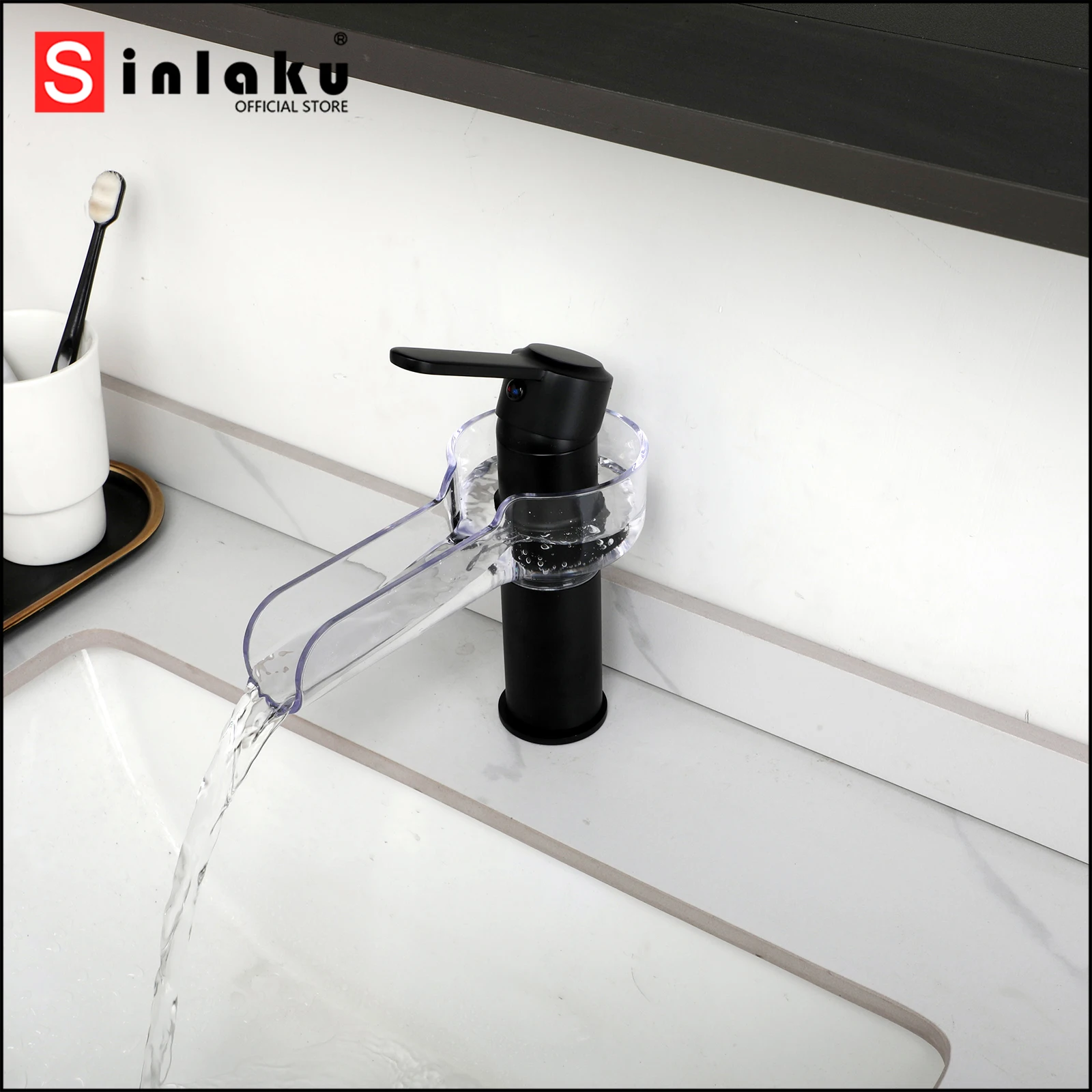 SINLAKU Bathroom Basin Faucet Multiple Styles Waterfall Outflow Unique Designs Deck Mount Black/Chrome Hot Cold Water Mixer Taps