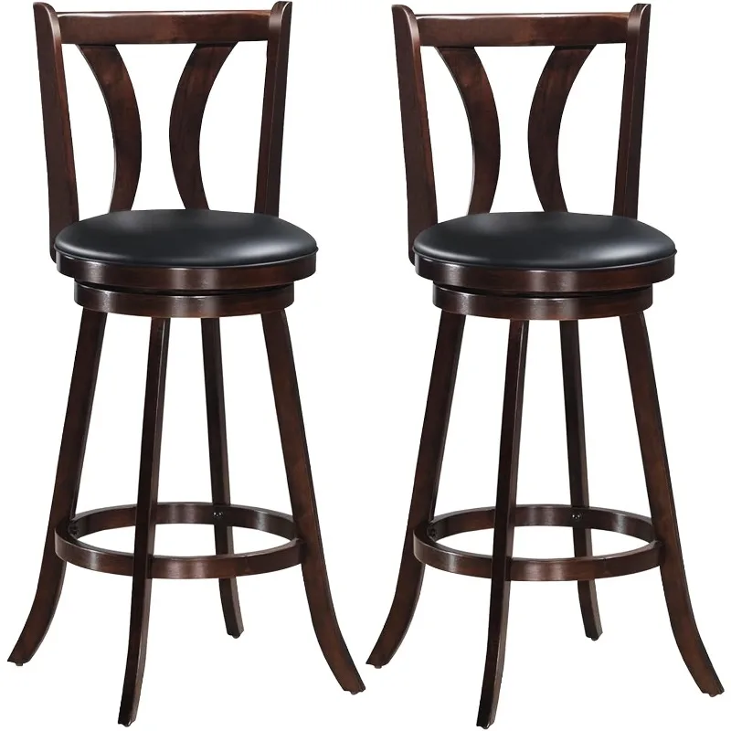 Bar Stools Set of 2, 360-Degree Swivel Stools with Leather Padded Seat, Single Slat Back & Solid Rubber Wood Legs,  (2, 29inch)