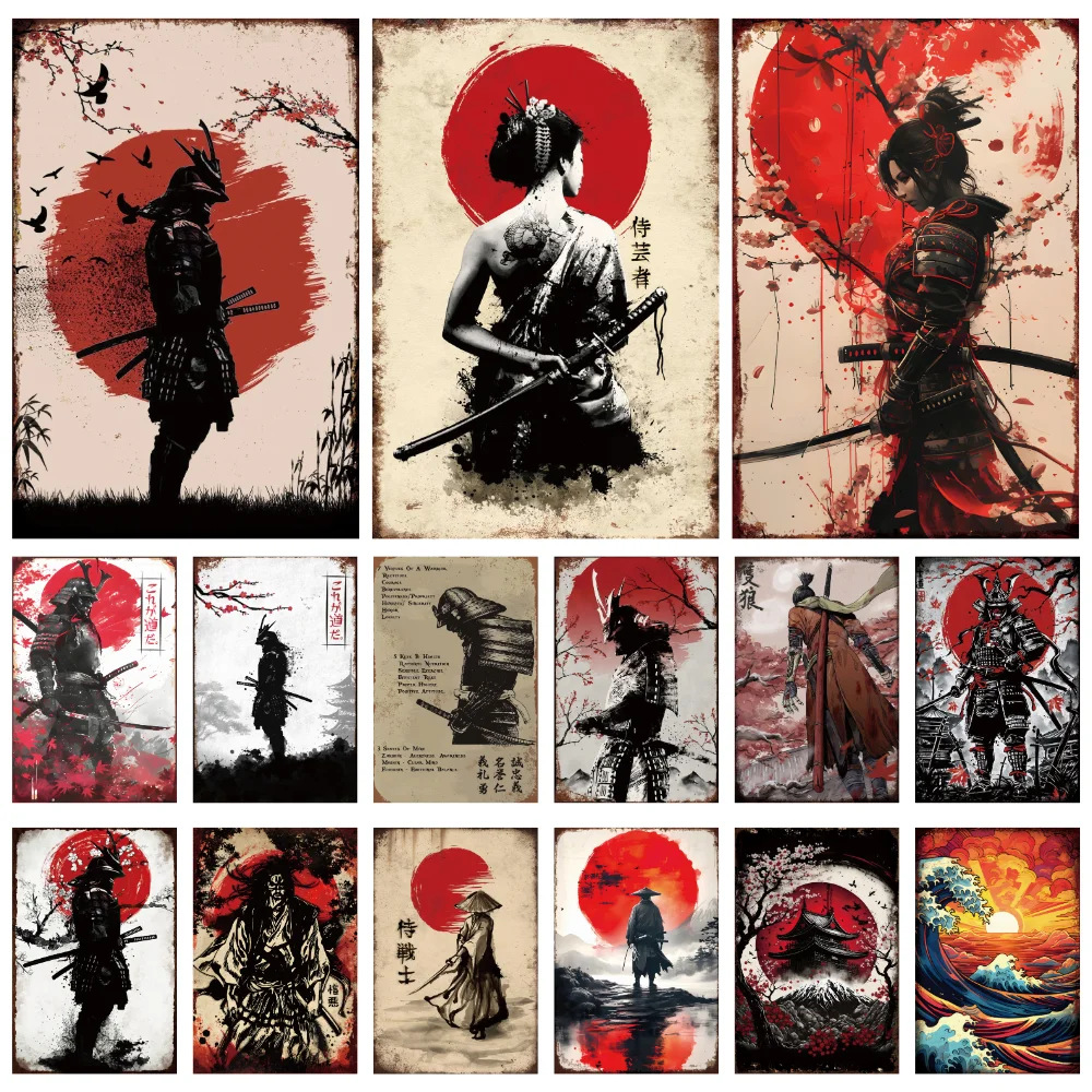 Japanese Samurai Vintage Metal Plate Living Room Decoration Painting Metal Wall Art Plaque Retro Tin Sign Bar Pub Home Decor