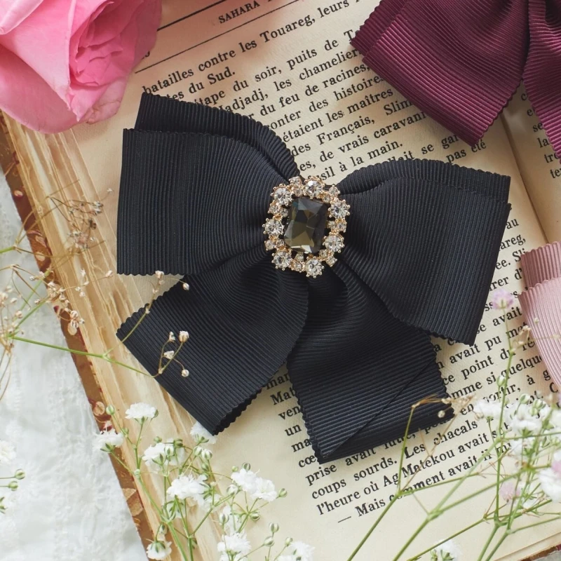 Japanese Style Solid Color Satin Bow Flower Rhinestone Hairpin 2024 Spring Summer Exquisite Women Girls Sweet Hair Clips