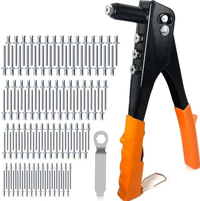 Heavy Duty Industrial Steel Single Handle Rivet Gun Kit with Pop Rivets for DIY Decoration and Secure Fastening Projects