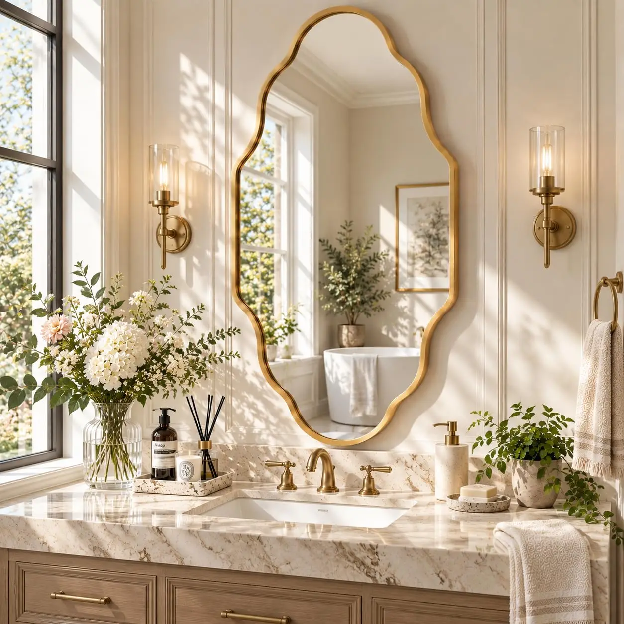 pus Gold Scalloped Bathroom Wall‑Mounted Mirror, Premium Metal Fe HD Explosion‑Proof Glass Mirror, Decorative Wall