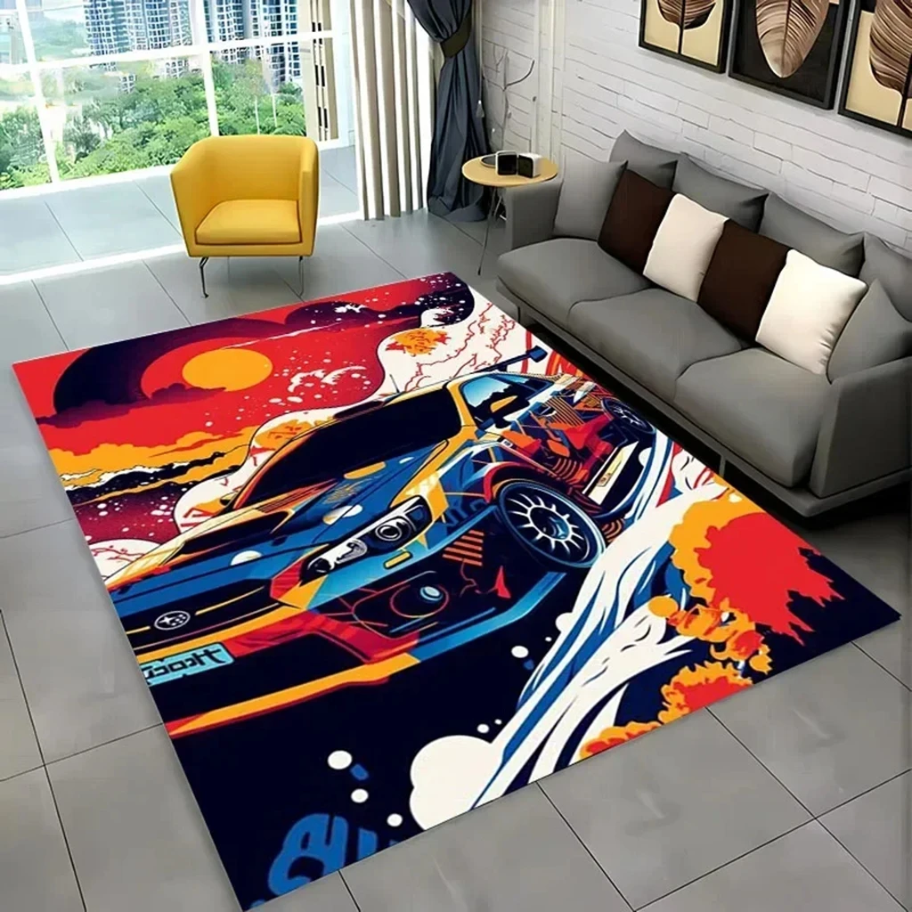 Alfombra VIKAMA con tema de carreras de coches, sala de deportes electrónicos, silla, simulador, sala de exposiciones, sala de estar, dormitorio, alfombra, decoración del hogar