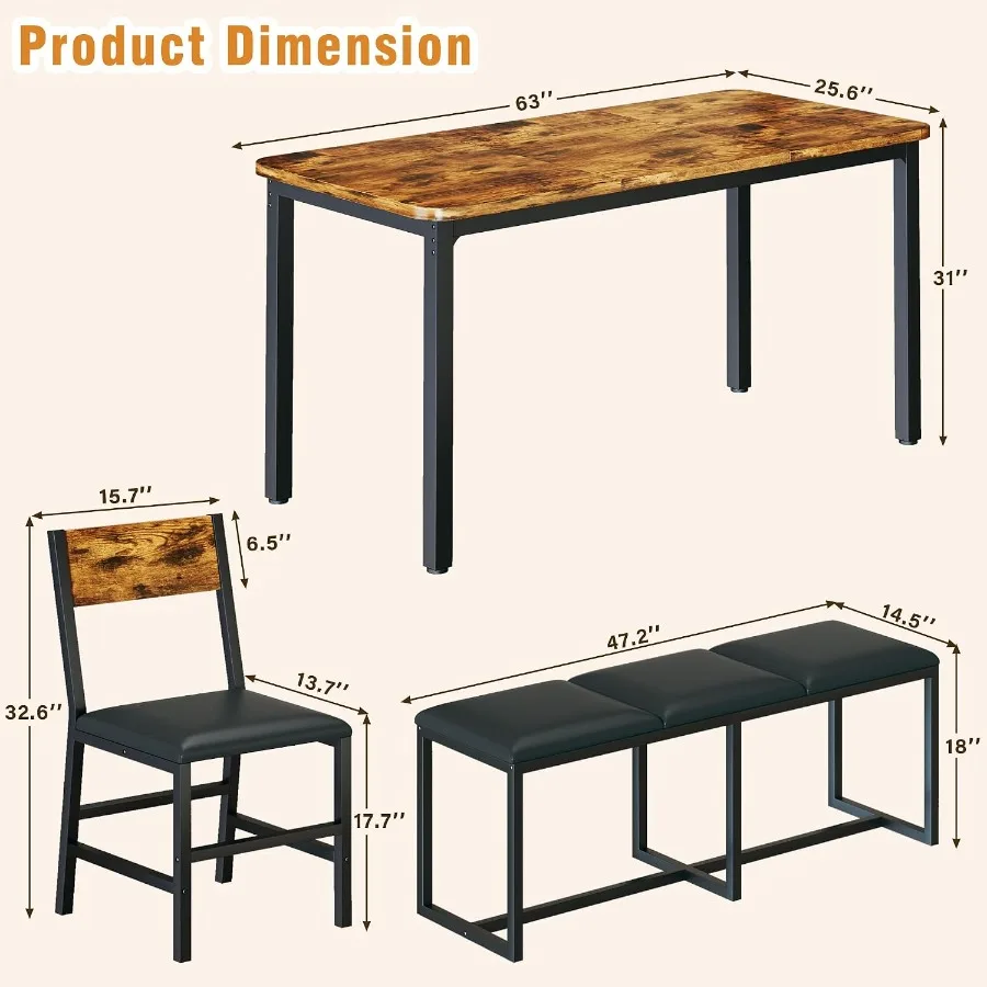 5-Piece Dining Table Set for 6, 63'' Long Kitchen Table Cushion Chairs Set with PU Bench and 3 Chairs, Rectangle Dining Table w