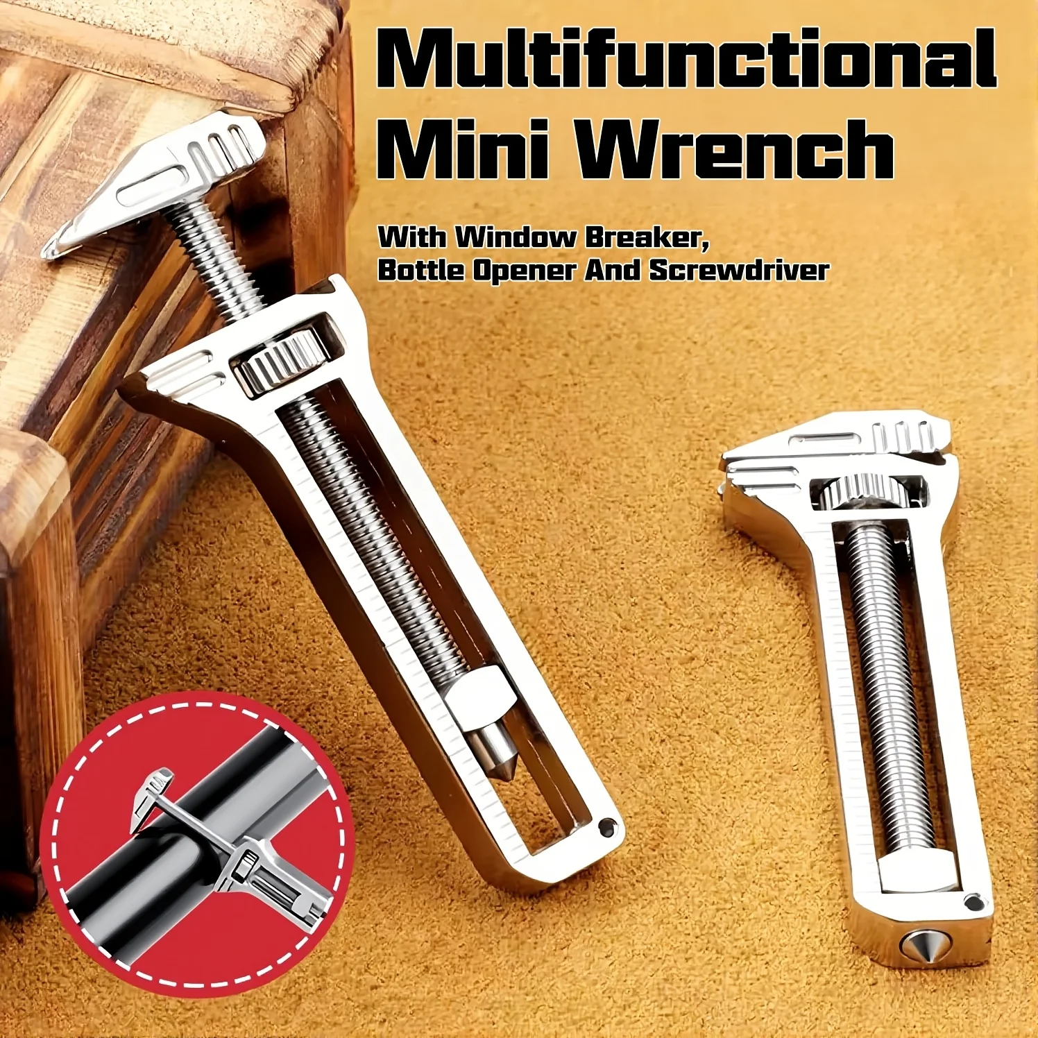 Multifunktionaler Mini-Schraubenschlüssel, verstellbarer kleiner Schraubenschlüssel, Schraubstock, mit Fensterbrecher, Flaschenöffner und Schraubendreher, kompaktes Werkzeug