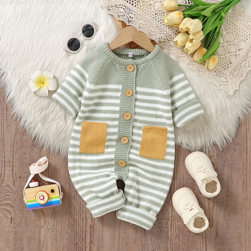 Baby Girl Boy Rompers Spring Fall Winter Stripes Knit Newborn Unisex Jumpsuits for Infant Long Sleeves Single Breasted Playsuits