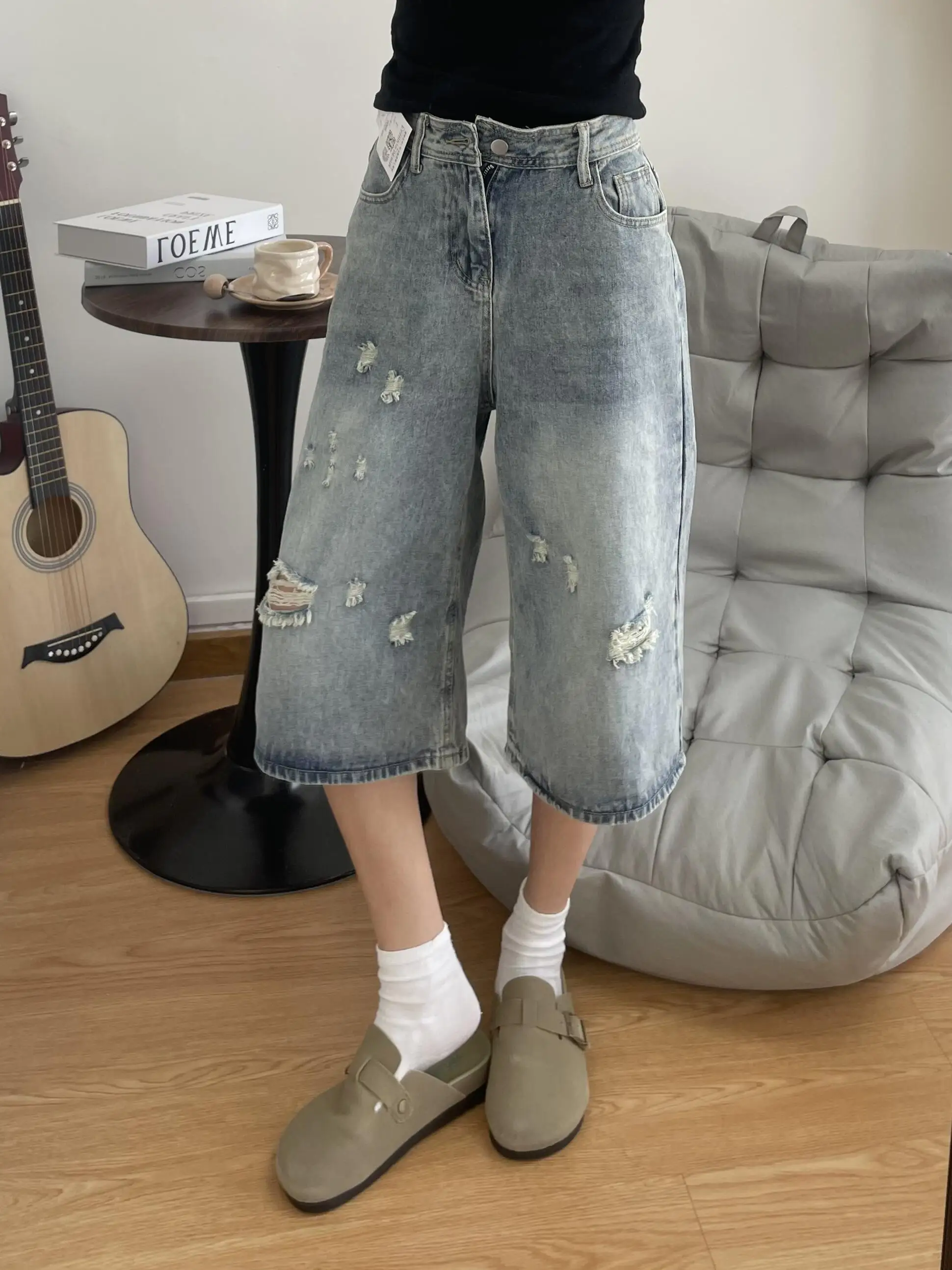 Sweet Cool Spicy Girl American Style Hole Seven-Five Denim Pants Women Summer Design Loose Slim Straight Leg Wide Leg Mid-Pants