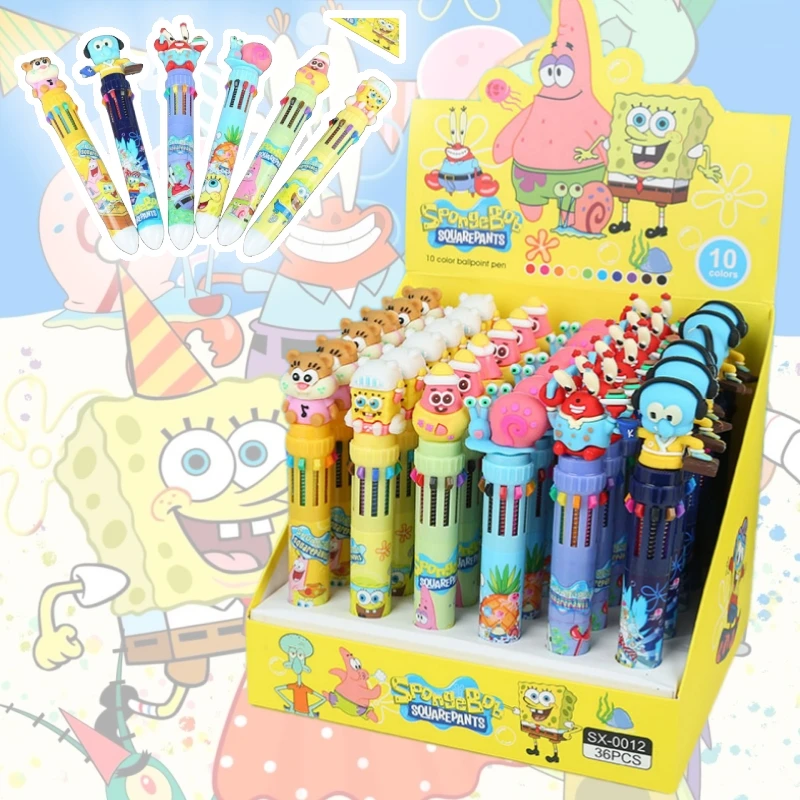 36pcs Spongebob Squarepants 10 Colors Ballpoint Multi Color Press Pen Cute Cartoon Gel Pen Student Supplies Stationery Wholesale