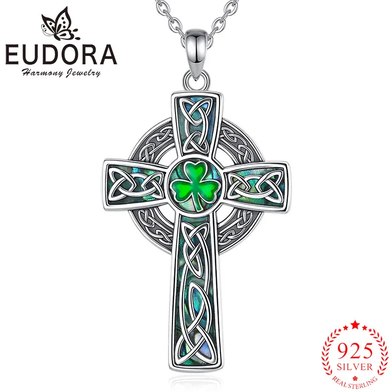 

Eudora стерлингового серебра 925 пробы, ожерелье с кельтским крестом, ракушка из морского ушка, четыре листа клевера, кулон, религиозные украшения, подарок для женщин и мужчин