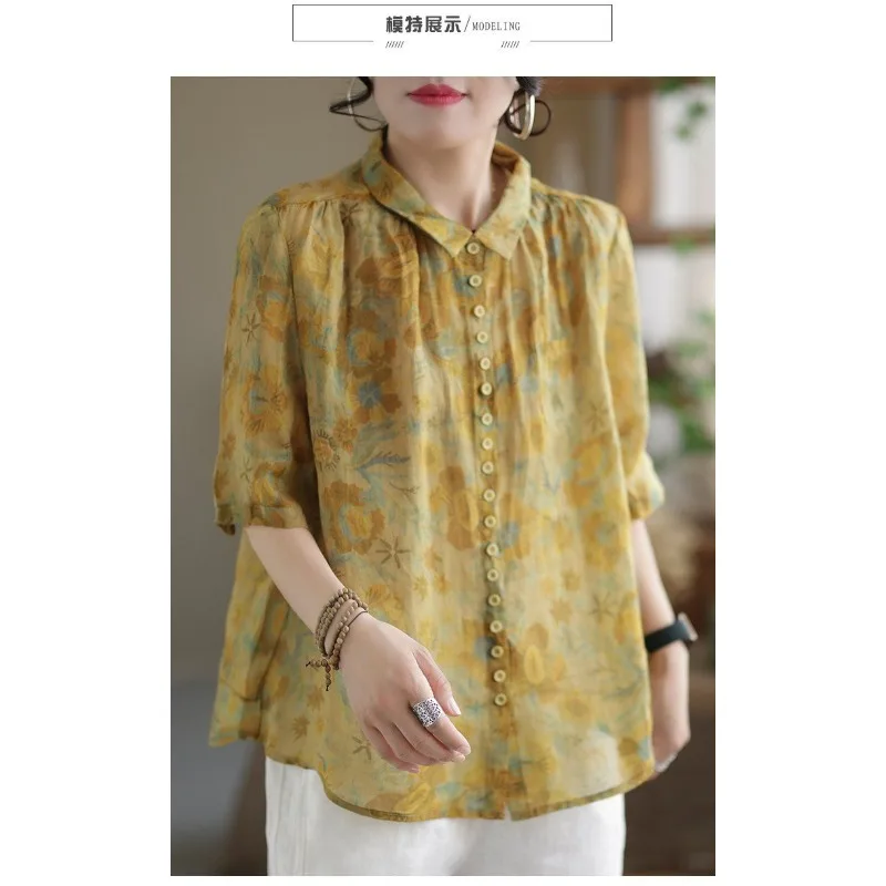 

Women's Colorful Ramie Shirt Women's Loose Short-sleeved Floral Thin Cardigan Women's Versatile Retro Top