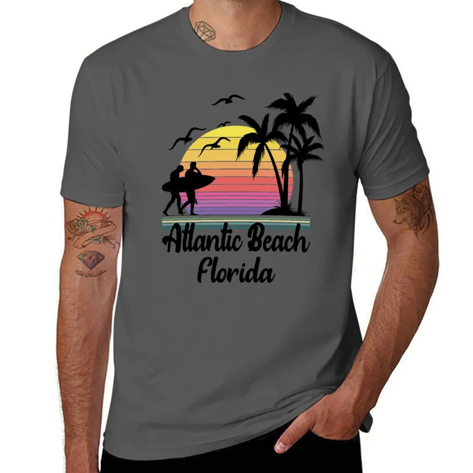 Atlantic Beach Florida Retro Sunset T-Shirt plain gifts for boyfriend custom t shirt Men's cotton t-shirt