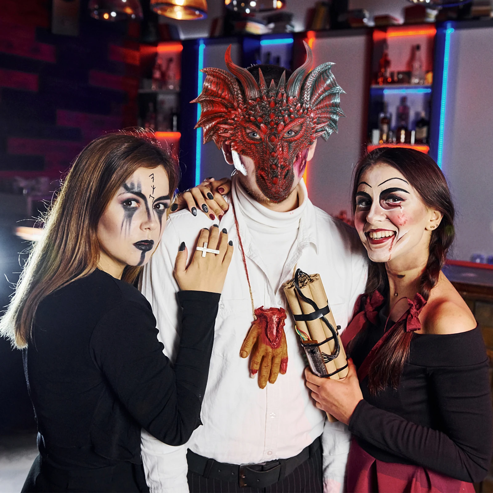 

Halloween Dragon Mask Props Scary Masquerade Costume Lightweight Breathable Adult Size Black Red Color Perfect for Party
