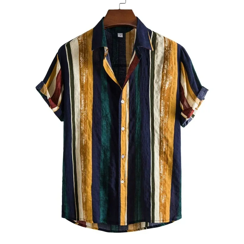 Men Clothing 2022 Hawaiian Men\'s Striped Shirt European American Men\'s Shirt Casual Lapel Short-sleeved Camisas Para Hombre