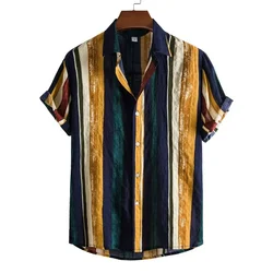 Vestuário masculino 2022 camisa listrada havaiana masculina europeia americana camisa casual lapela de manga curta camisas para hombre