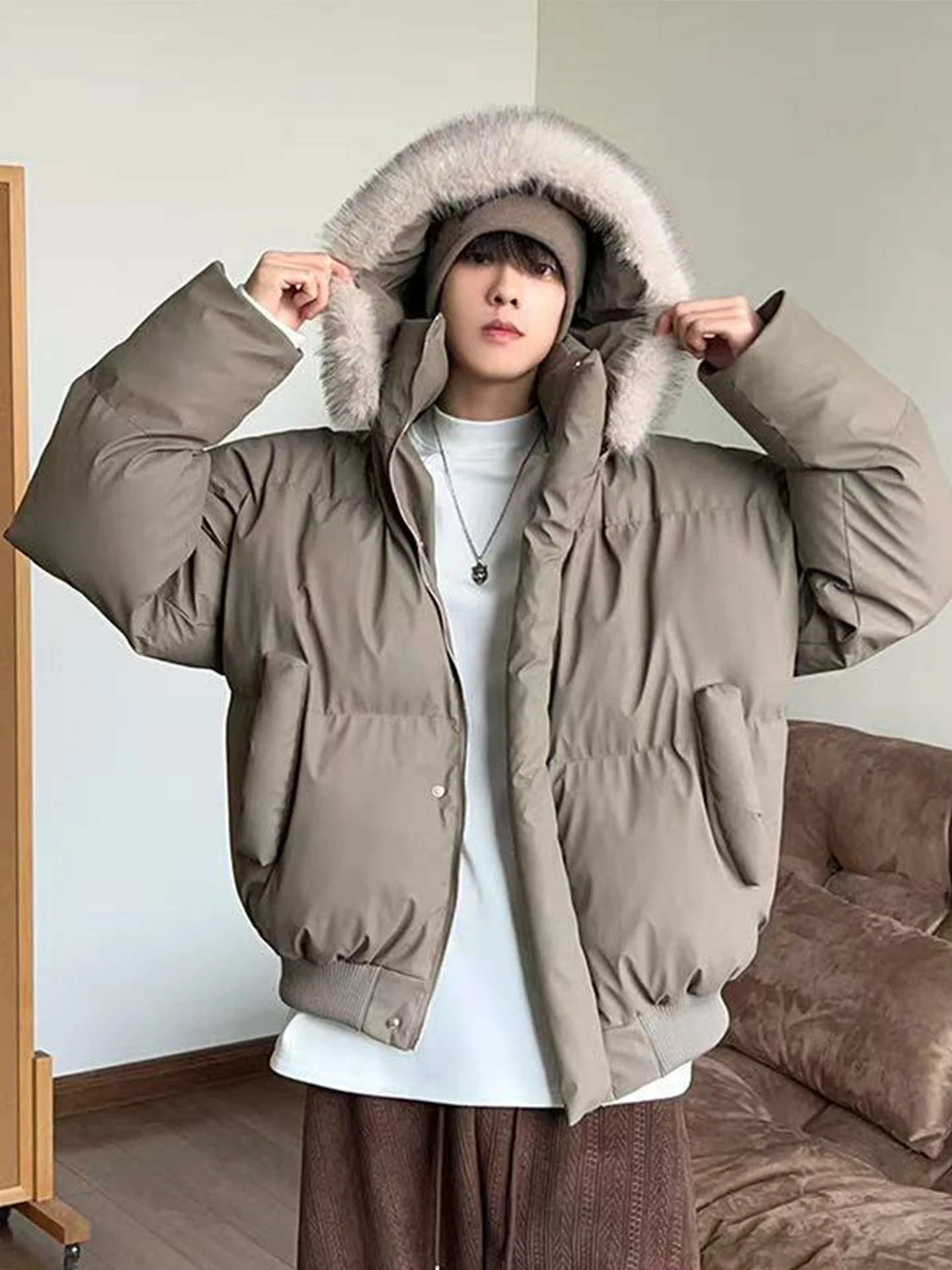 

Мужская зимняя теплая куртка из искусственной кожи с капюшоном и меховым воротником, на молнии, с утеплителем из хлопка