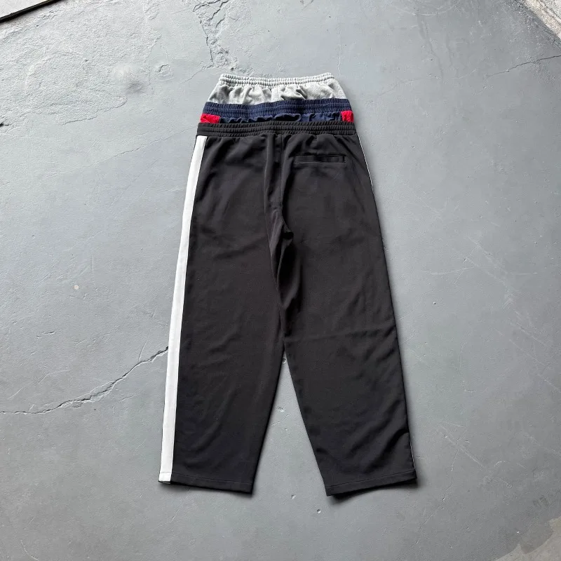 Falso três pés cintura design listra projeto g/r calças cruzadas bordado etiqueta das mulheres dos homens soltos calças de moletom casuais jogger