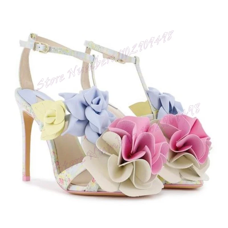 Multicolor Flower Decor T-strap Sandals Open Toe Shoes for Women Stilettos High Heels Evening Shoes 2024 Zapatos Para Mujere