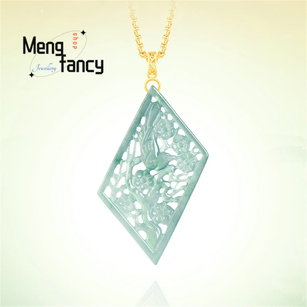 

Natural Genuine Blue Water Jadeit Phoenix And Plum Blossom Hollowed-Out Pendant Luxury Quality Fashion Jewelry Exquisite Charms