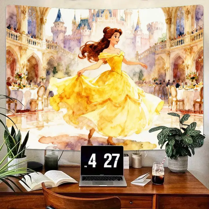 

1 шт., гобелен принцессы Диснея Белль, желтое платье «Красавица и чудовище», танцевальное настенное искусство, акварельный замок, фон, эстетический фон для спальни