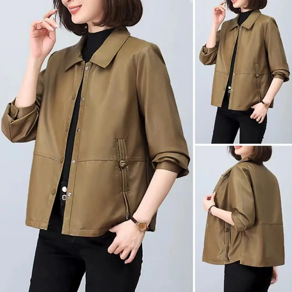 Lapel Jacket Retro Rcycle Coat Women's Faux Leather Jacket with Turn-down Collar Pockets Plus Size Outerwear for Travel