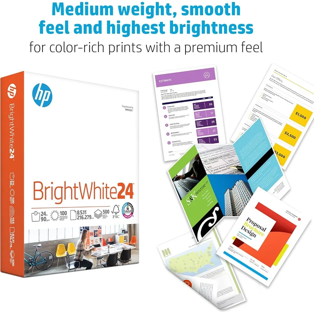 Papel para impresora HP, 8,5 x 11, blanco brillante, 24 lb, paquete de 5 resam - 2500 hojas, 100 brillantes, fabricado en EE. UU., certificado FSC